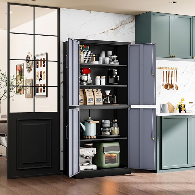 71” Metal Storage Cabinet-Lockable File Garage Tool Cabinets with Doors and Shelves- Gray&Black Steel Cabinet for Garage-Heavy Duty File Storage for Home, Office, Gym, Kitchen, School