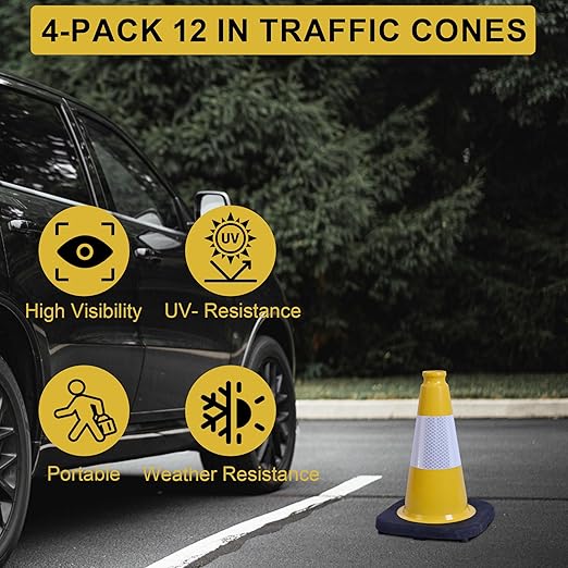 OrangeStar 4-Pack 12" Traffic Cones, Weighted Safety Cones with Reflective Collar for Driving Practice, Sports Training, Parking Lots & Construction, Indoor & Outdoor Use, Yellow