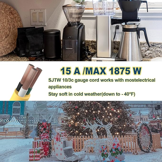 EP 15 Ft Lighted Outdoor Extension Cord - 10/3 SJTW Heavy Duty Yellow Extension Cable with 3 Prong Grounded Plug for Safety, ETL Listed