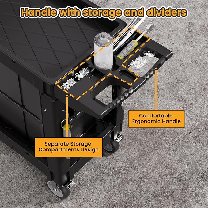 2-Tier Rolling Tool Cart,Heavy-Duty Plastic Service Cart with Lipped Shelves,550 lbs Capacity Utility Cart,40 x 17 Inch Rolling Work Carts for Garage,Salon,Kitchen,Office-Black