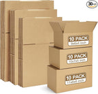 Eupako 30 Pack Small Shipping Boxes Assorted Sizes, 9x6x4 & 10x7x5 & 11x6x6 10 PCS Each Mailing Boxes, Brown Corrugated Box Mailers, Cardboard Boxes for Packaging Small Business