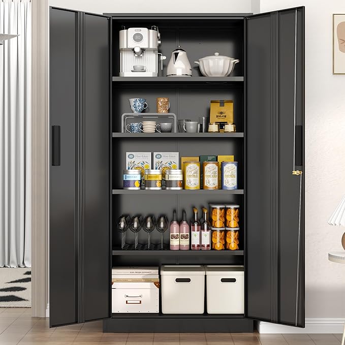 Superday Metal Garage Storage Cabinet with Lock, 71" H Lockable Storage Cabinets with Doors and 4 Adjustable Shelves, Locking Cabinet for Office, Home, Garage, Gym, School (Black)