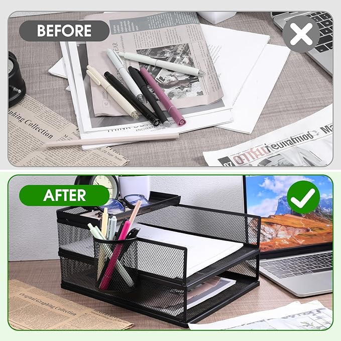 Black Metal Letter Tray Set, 3 Pcs Mesh Office Desk Drawer Organizer Tray with 1 Pcs Black Wire Mesh Pencil Cup Holder, Front Load File Paper Holder for Desk Office(Pack 4)