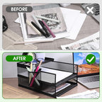 Black Metal Letter Tray Set, 3 Pcs Mesh Office Desk Drawer Organizer Tray with 1 Pcs Black Wire Mesh Pencil Cup Holder, Front Load File Paper Holder for Desk Office(Pack 4)