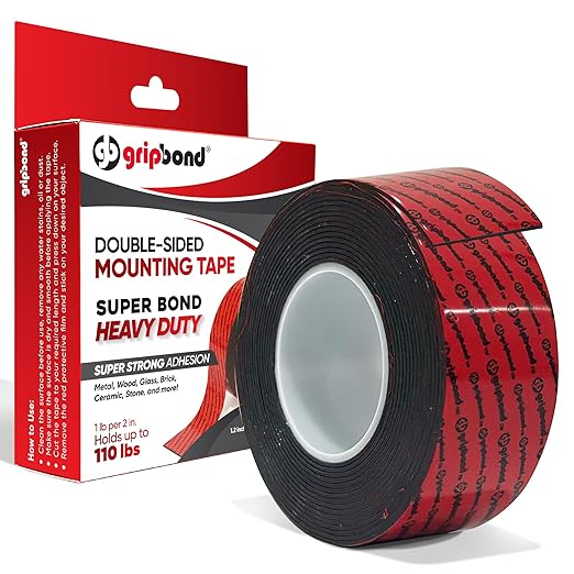 GripBond Black Super Bond Heavy Duty Double Sided Tape, 1 Roll (18.3 Ft), 1.2” x 220” – Waterproof Adhesive Mounting Tape for Indoor/Outdoor, Walls, Automotive, Car, LED Strip Lights, Home, Office