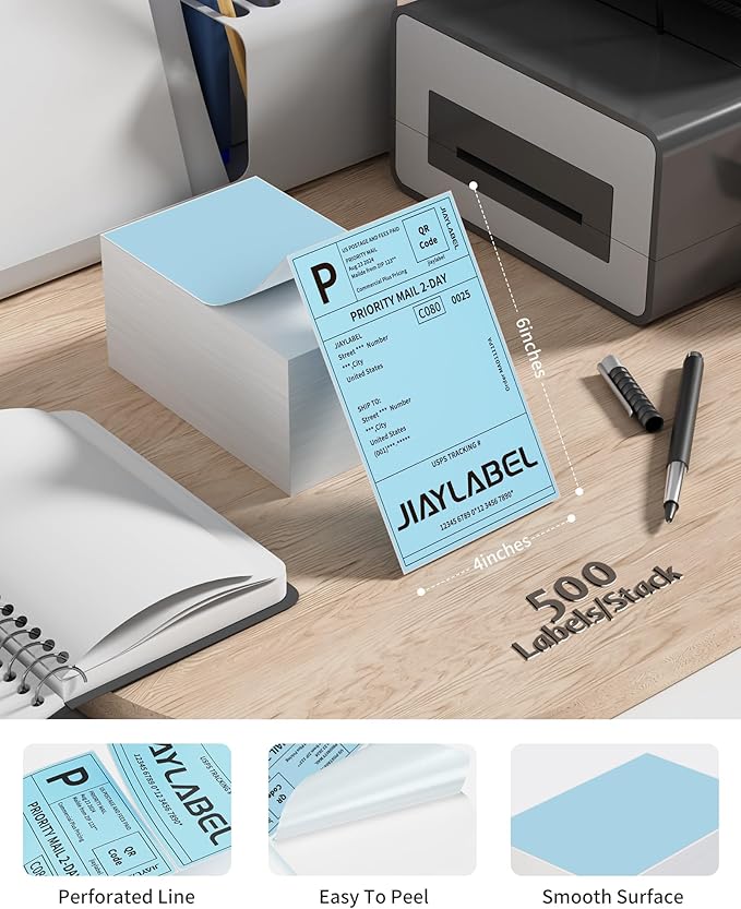 4x6 Thermal Shipping Label Mailing Postage Stickers Paper for Direct Thermal Label Printer USPS UPS Address Big Packing Fanfold Blue Color 500 Labels/Stack,1 Stack