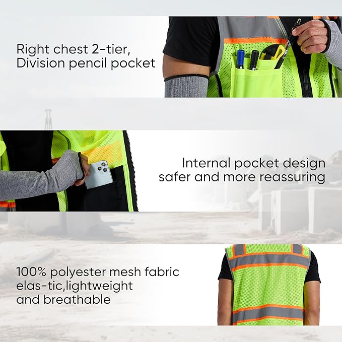 SRsafety High Visibility Vest, Security Vest with 9 Pockets,Mesh Safety Vest for Construction Workers Sanitation Workers