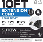 Iron Forge Cable 14 Gauge Outdoor Extension Cord 10 Ft with 3 Power Outlets, SJTOW 14/3 Heavy Duty Black 3 Prong, Oil Resistant & Flame Retardant