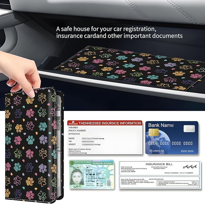 Premium Car Registration and Insurance Card Holder, Cute PU Leather Car Document Holder, Vehicle Glove Box Car Organizer with Magnetic Closure for Driver License, Cards Colorful Doodle Paws
