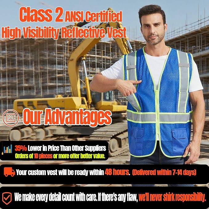 BeautyWill Custom Safety Vest Customized Logo Class 2 High Visibility Reflective Vest with Pockets Construction workwear