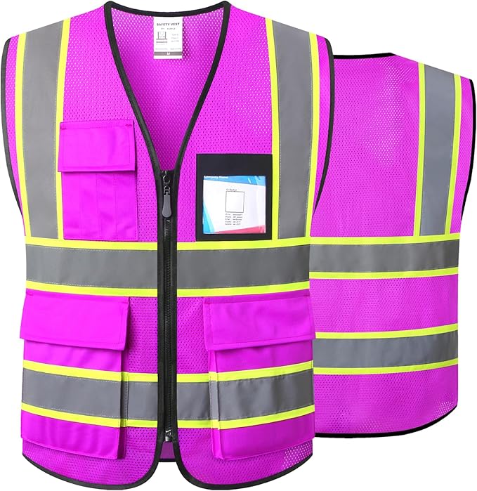 Purple Safety Vest for Men Women Reflective with 8 Pockets and Zipper Front Mesh High Visibility Vest Hi Vis Construction Work Vest,Meets ANSI/ISEA Standards(EKH1-Purple-M)