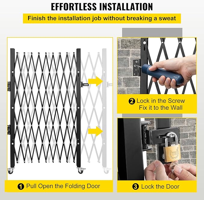 VEVOR Single Folding Security Gate, 51.57" H x 74" W, Steel Accordion Door, Flexible Expanding Barricade, 360 Rolling Scissor Gate With Padlock