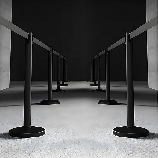 6-Pack Black Stanchion Posts with Retractable Belts, Hollow Sand-Fillable Base for Maximum Stability, Crowd Control Queue Barriers for Theaters, Parties, Weddings, Exhibitions
