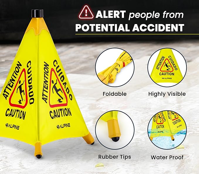 Alpine Caution Wet Floor Sign 6 Pack - Pop Up Slippery When Wet Sign, Wall Mounted Foldable Bilingual Yellow Safety Warning Caution Cone for Commercial & Office Use (20 Inches)