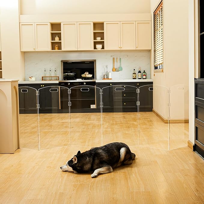 Modern Frame Clear Acrylic Freestanding Dog Gate - 32" Tall Extra-Wide Folding 6-Panel Pet Barrier for Doorways, Stairs & Large Openings, Indoor Fence for Small to Large Dogs & Cats
