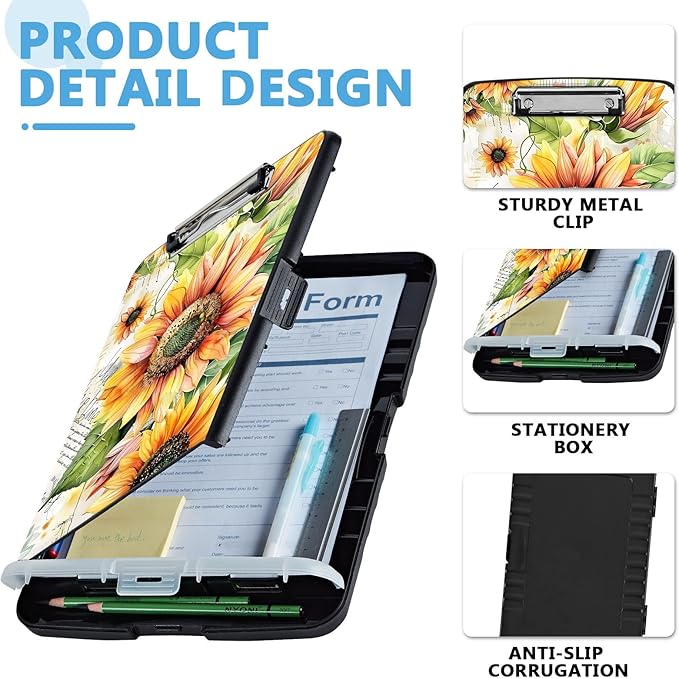 Pattern Design Clipboard with Storage - Heavy Duty Legal Size Clipboard, Ideal for Teachers, Nurses, Office Workers, Contractors, and Kids - 9.5 x 14.2 Inch (Painting Sunflower)