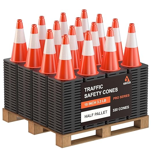 GECCO ™ (320 Cones per Pallet) 18 Inch 3.3 Lb Small Orange Traffic Cones in Bulk | Wholesale Safety Cones, Orange Cones, Parking Cones, Construction Cones | PVC Plastic & Black Base - [PRO Series]