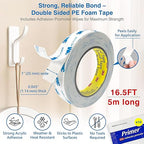 Double-Sided Removable Tape – 1" x 16.5 FT Heavy Duty PE Foam Mounting Tape with Adhesion Promoters – Wall-Safe Waterproof Damage-Free for Posters, Picture Hanging & Painted Walls
