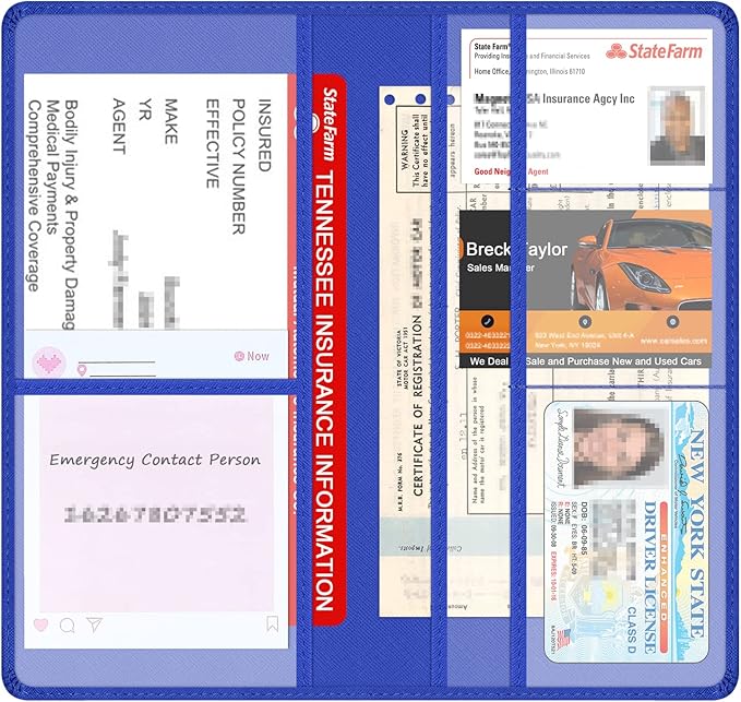 Car Insurance and Registration Holder, 9.5 x 5 Inch PU Leather Vehicle Glove Box Organizer Wallet Case for Insurance Card, Driver License, Paperwork - Blue