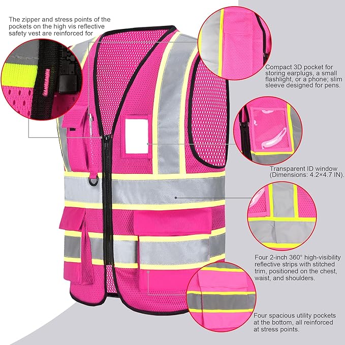 A-SAFETY Mesh High Vis Vest Lightweight Reflective Construction Vest with Pockets Safety Vest for Men/Women