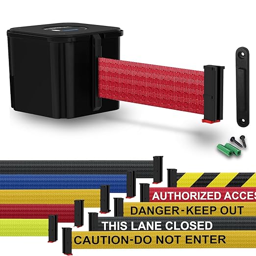 WM412 Retractable Belt Wall Mounted Smooth Black Crowd Control Barrier and Receiving End, 15' Red Belt
