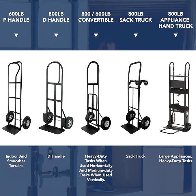 Olympia Tools 800 Lb Sack Hand Truck with Folding Nose, D Handle and 10" Pneumatic Wheels for Home and Office Use