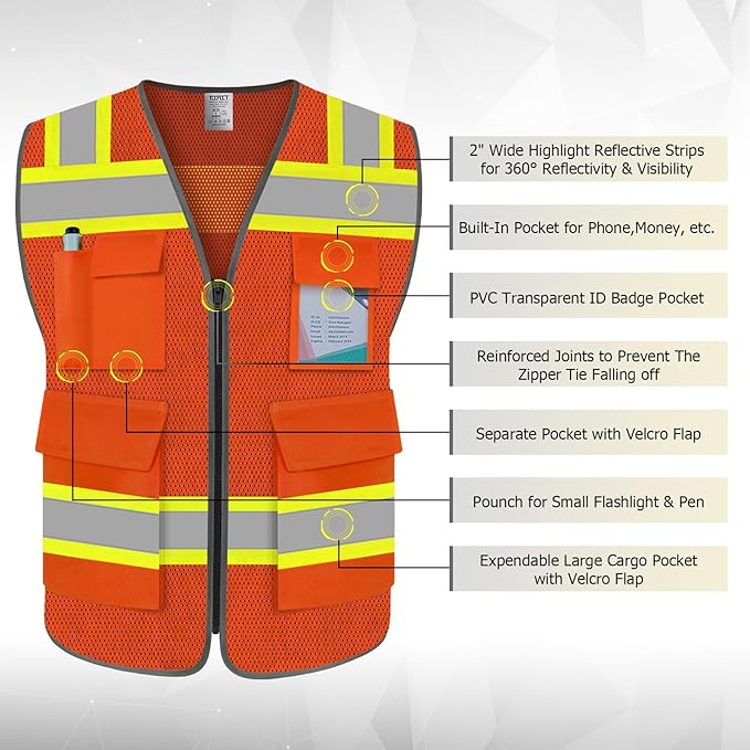 TCCFCCT Safety Vest for Men Women 5 Pockets Mesh High Visibility Reflective Vest with Reinforced Zipper, Durable Construction Work Vest with Fluorescent Orange Edge, Meets ANSI/ISEA, DW-Orange, 3XL