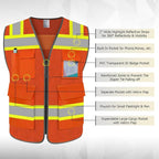 TCCFCCT Safety Vest for Men Women 5 Pockets Mesh High Visibility Reflective Vest with Reinforced Zipper, Durable Construction Work Vest with Fluorescent Orange Edge, Meets ANSI/ISEA, DW-Orange, 5XL