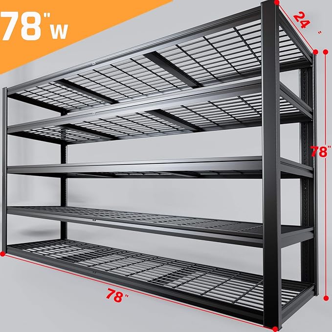 78" W Storage Shelves Heavy Duty Garage Shelving 5 Tier Metal Shelving Unit, Adjustable Shelves, 4000LBS Steel Industrial Shelving for Basement Warehouse Commercial, 78" W*24" D*78”H, Black