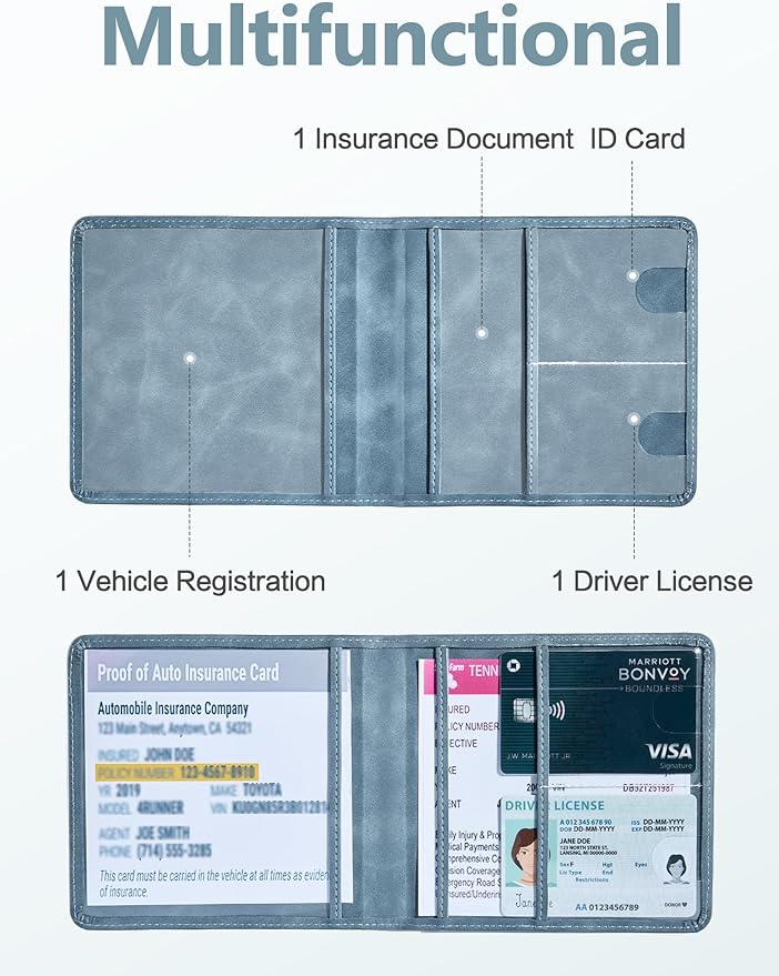 Mymazn Car Registration and Insurance Holder, Car Document Holder with Magnetic Closure, Faux Leather Registration Holder for Driver's License & Essential Documents, Vintage Blue