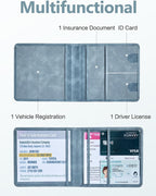 Mymazn Car Registration and Insurance Holder, Car Document Holder with Magnetic Closure, Faux Leather Registration Holder for Driver's License & Essential Documents, Vintage Blue