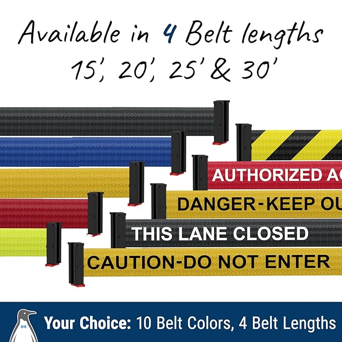 WM412 Retractable Belt Wall Mounted Smooth Black Crowd Control Barrier and Receiving End, 20' Red Belt