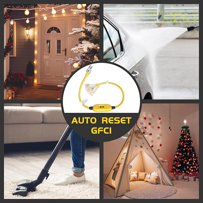 3 FT Lighted GFCI Extension Cord with 3 Power Outlets,12/3 SJTW Heavy Duty Yellow Extension Cable with 3 Prong Grounded Plug for Safety,UL Listed