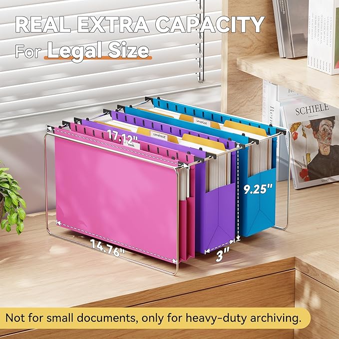 Legal Size Hanging File Folders,6 Pack Heavy Duty 3" Expanding Pocket,Reinforced High Capacity Plastic Legal Files,Sturdy Hang Folders with Tabs,Filing Cabinet Folder for Bulky Files,Colored