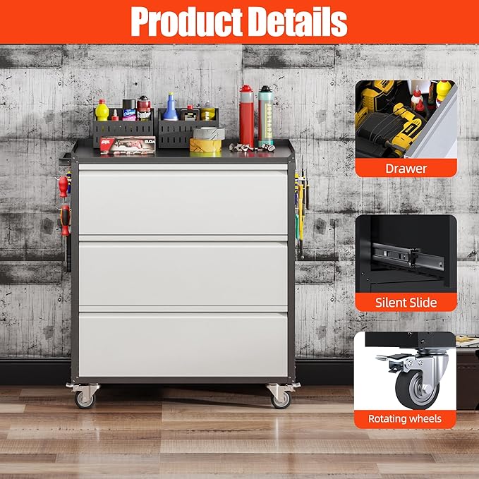 Aobabo Tool Storage Garage Cabinet with Wheels, 3 Drawer Tool Chest Rolling Metal Storage Cabinet on Wheels, Assembly Required, Black/Gray
