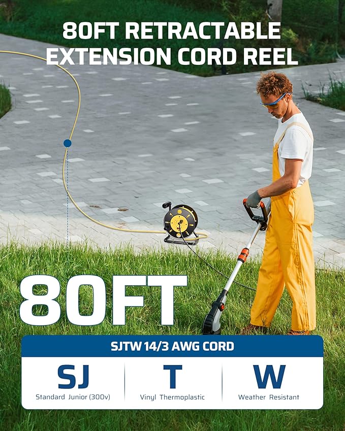 DEWENWILS Retractable Extension Cord Reel, 80FT Heavy Duty Open Cord Reel for Indoor Outdoor, 14/3 AWG SJTW, 4 Grounded Outlets, 13 Amp Circuit Breaker,Handle Rewind, Metal Stand, ETL Listed