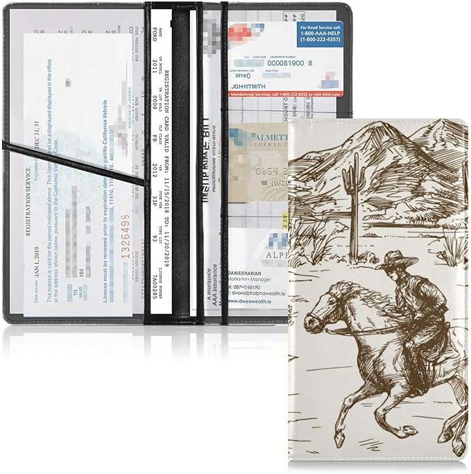 Western Cowboy Car Registration Insurance Card Holder, Waterproof Leather Glove Box Organizer Car Essential Document Glove Wallet