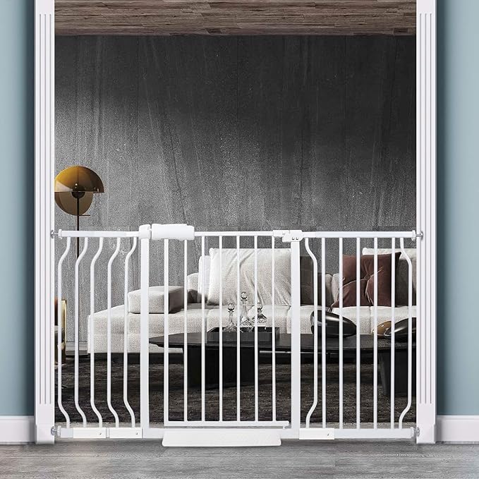 Extra Wide Baby Gate Tension Indoor Safety Gates White Metal Large Pressure Mounted Pet Gate Walk Through Long Safety Dog Gate for The House Doorways Stairs (52.76"-57.48"/134-146CM, White)