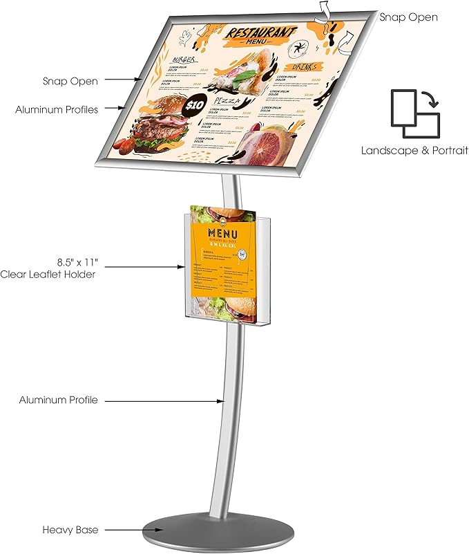 M&T Displays Curved Menu Board, 18x24 Inch Pedestal Sign Holder with 8.5x11 Inch Brochure Holder Silver Floor Standing Aluminum Front Loading Easy Open Poster Message Advertisement Post