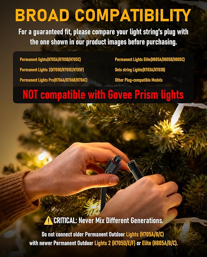 Y-Splitter for Govee Permanent Outdoor Lights, Waterproof Y-Connector Extension Cord Compatible with Govee 3Pin H705A/B/C, Expand Holiday Lighting for Christmas, New Year, 1 Female to 2 Male, Black