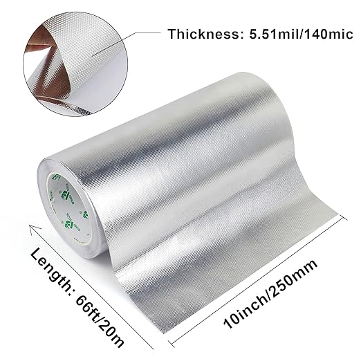 BOMEI PACK Adhesive Aluminum Foil Heat Shield Tape Barrier, Fiberglass Thermal Insulation Reflective Material High Temp Protection (10inch x 66ft)