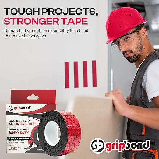 GripBond Black Super Bond Heavy Duty Double Sided Tape, 1 Roll (18.3 Ft), 1.2” x 220” – Waterproof Adhesive Mounting Tape for Indoor/Outdoor, Walls, Automotive, Car, LED Strip Lights, Home, Office