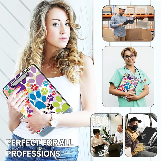 Clipboard with Storage,Clip Boards 8.5X11 with Storage & Pen Holder,Heavy Duty Plastic Nursing Clipboards Foldable,Coaches Clipboard Folder Case,School Office Supplies，Dog Pawprint Multicolor