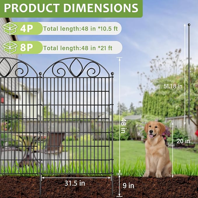 4 Panels No Dig Tall Garden Fence with Gate – 48" H X 10.5' L Rustproof Metal Dog Fence Outdoor for Yard, Decorative Animal Barrier Fence for Pet, Garden Border, Patio, Flower | Temporary Fencing