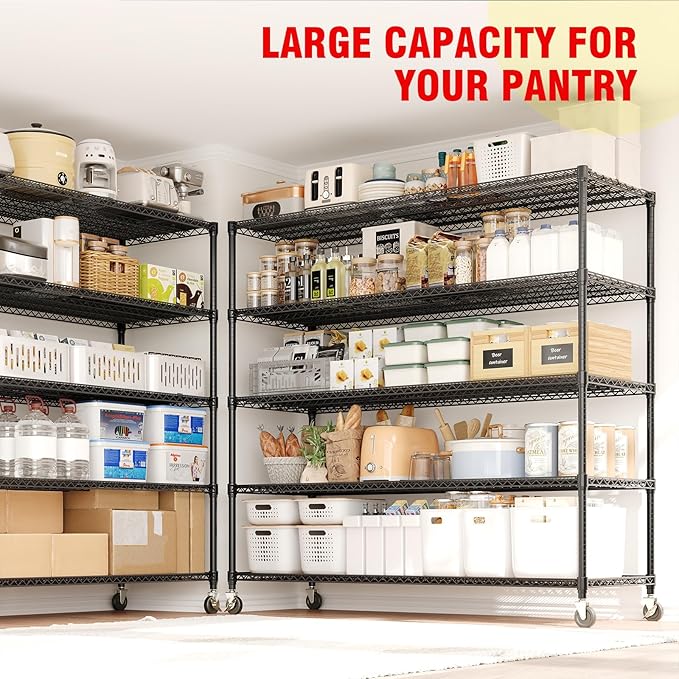 Garvee Heavy Duty 82" H Storage Shelving Unit with Wheels, 3300LBS 5-Tier Metal Shelves w/Feet, Adjustable Wire Shelving Organizer Rack Shelf for Garage, Pantry Rooms &Commercial, 59" W x 23.6" D