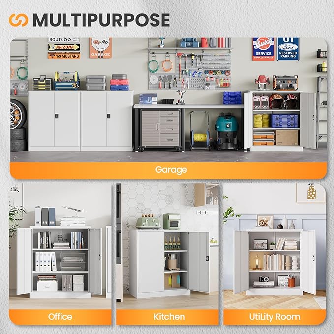 Metal Garage Storage Cabinets with Lock, 36" Tall Tool Cabinet with 2 Door and 2 Adjustable Shelves, Locking Garage Cabinets and Lockable Steel Locker for Home Office Warehouse - (White-36”H)