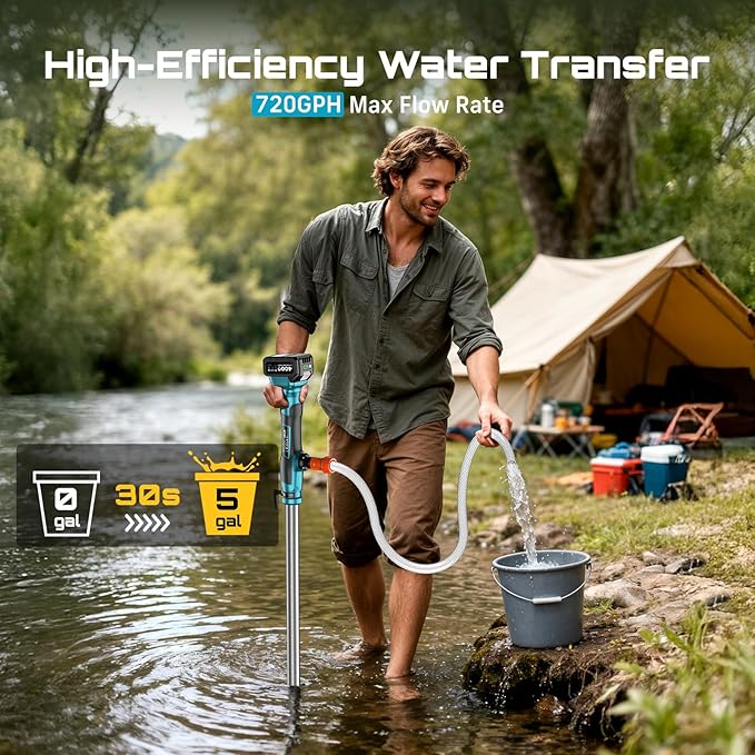 SEESII Cordless Stick Water Transfer Pump, with Dual 4000mAh Batteries & Charger, 720GPH, 32FT Head, Handheld Portable Utility Sump Pump Kit with 3/4" Outlet for Pool/Garden/Pond/RV/Boat Draining