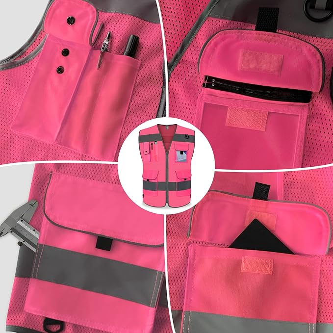 TCCFCCT Mesh Reflective Safety Vest 9 Pockets High Visibility Vest for Men Women, Hi Vis Reflective Work Vest for Safety, Meets ANSI/ISEA Standards, (Pink, XX-Large)