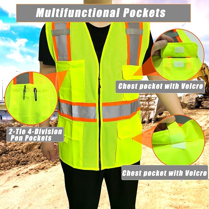 BeautyWill Custom Safety Vest Customized Logo Class 2 High Visibility Reflective Vest with Pockets Construction workwear