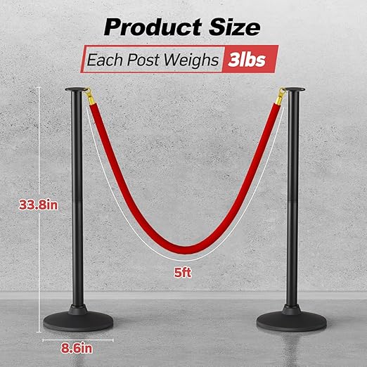 BATTIFE Plastic Stanchion Posts with Three Red Velvet Ropes and Weighted Rubber-Plastic Base, Crowd Control and Queue Management Barrier Poles for Party, Event, Red Carpet (4 Pack)